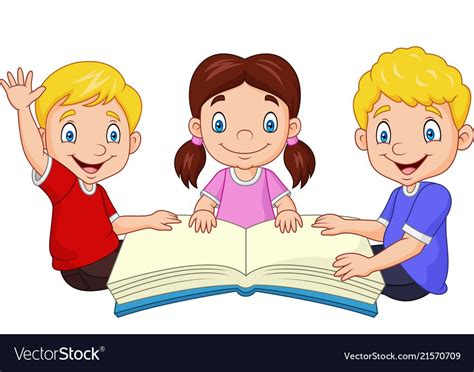 Cartoon happy kids reading a book vector image on | Leitura para crianças