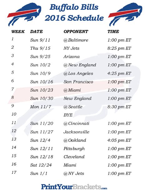 Buffalo Bills Printable Schedule