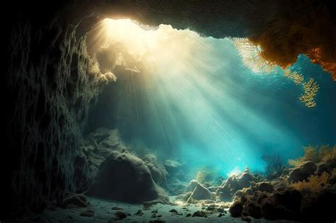 Premium Photo | Underwater cave with coral reefs deep on ocean floor in ...