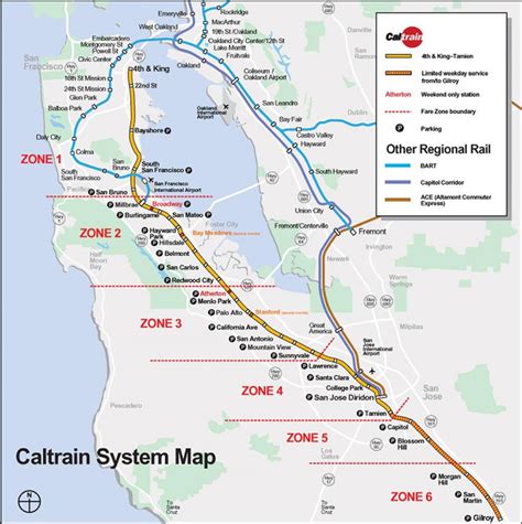 Caltrain system map - Caltrain route map (California - USA)