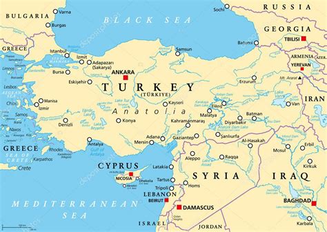 Turquía y Siria, mapa político. Zona geográfica de la península de ...