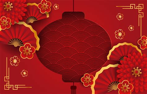 Chinese New Year Background Design with Flowers and Paper Fan on Red ...