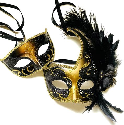 MASQSTUDIO Couples Black Gold Masquerade Ball Mask Pair Feather Mardi ...