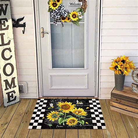 Summer Sunflower Entrance Door Mat, Buffalo Plaid Black White Low ...