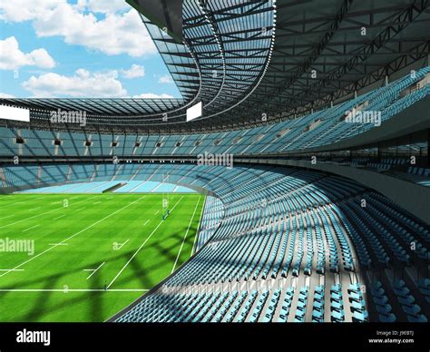 3D render of a round rugby stadium with sky blue seats and VIP boxes ...