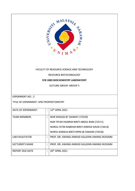 Lab Report Practical Spectrophotometry Biochemistry - FACULTY OF ...