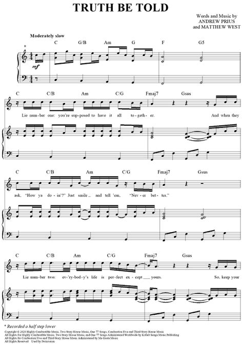 Truth Be Told" Sheet Music by Matthew West for Piano/Vocal/Chords ...