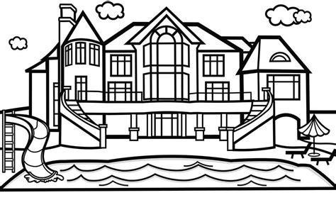 Mansion with a Pool Coloring Page - Free Printable Coloring Pages for Kids