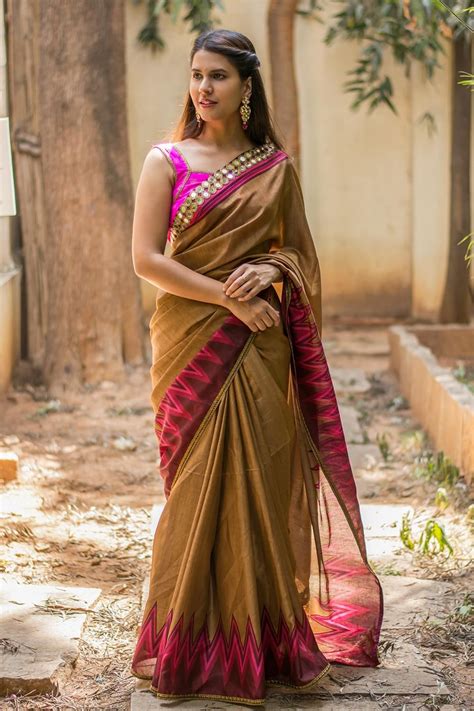 Brown semi matka silk saree with pink chevron, mirror work and gold ...