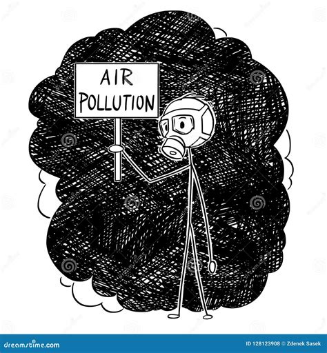 Cartoon of Man with Gas Mask Standing in Smog and Holding Air Pollution ...