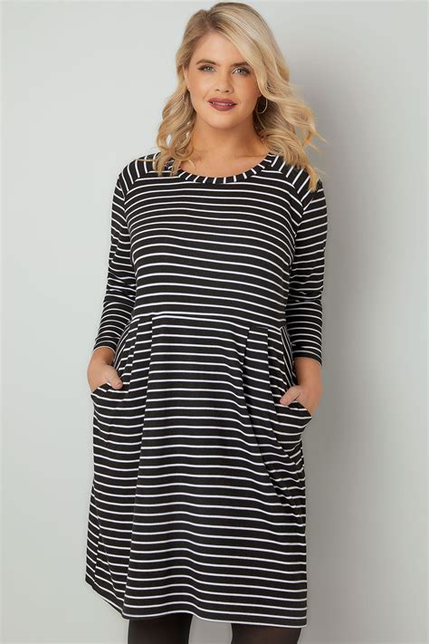 Black & White Striped Dress With Pockets, Plus size 16 to 36