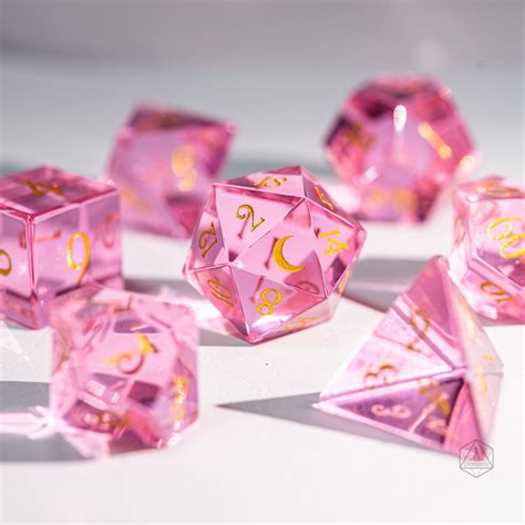 URWizards D&D Pink Tourmaline Glass Engraved Dice Set Moon Style ...