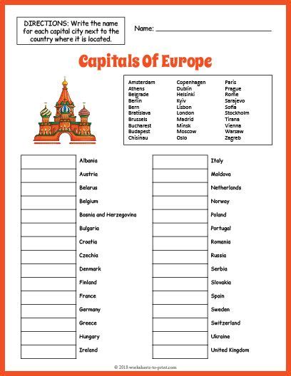 Free Capitals Of Europe Geography Worksheet Geography Classroom ...