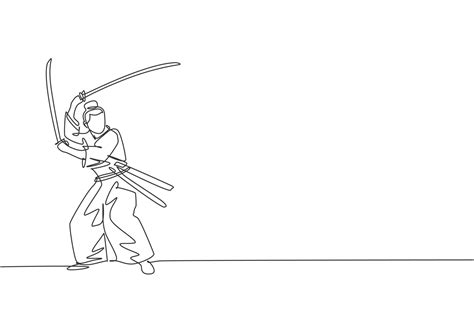 One continuous line drawing of young bravery samurai warrior pose ready ...