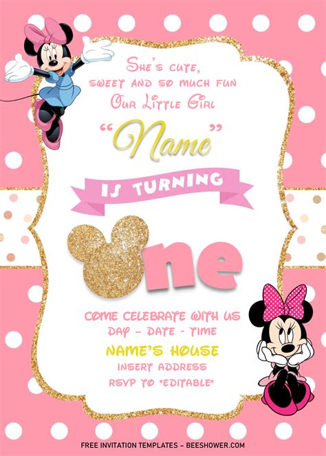 Gold Glitter Minnie Mouse Birthday Invitation Templates - Editable .D ...