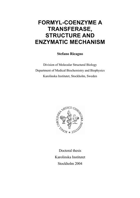 (PDF) FORMYL-COENZYME A TRANSFERASE, STRUCTURE AND ENZYMATIC MECHANISM