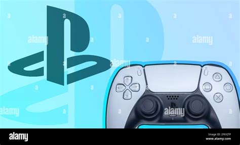 PS5 gamepad banner with blue background and playstation logo. Black and ...