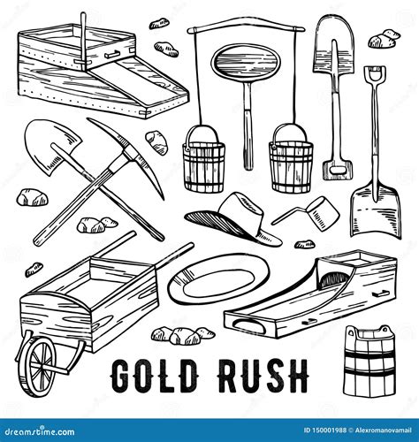 California Gold Rush Vector Hand Drawn Vintage Outline Graphic Set ...