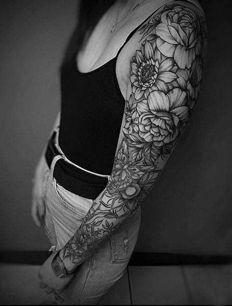 Black And Grey Flower Sleeve Tattoos