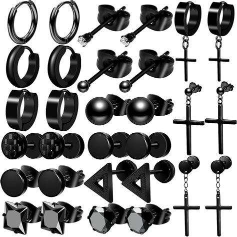 ONESING 15 Pairs Black Earrings for Men Black Stud Earrings Mens ...