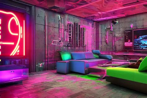 interior photo of an amazing cyberpunk room with sofa | Stable Diffusion