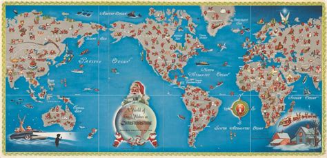 A classical map shows the journey of Santa Claus across the globe