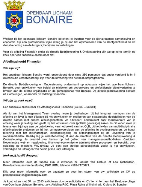 Vacature bij het Openbaar Lichaam Bonaire - Afdelingshoofd Financiën