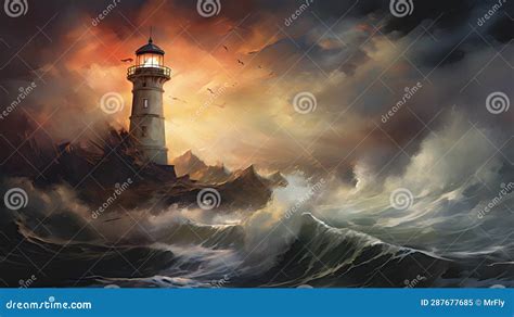 Painting of Lighthouse during Storm in the Sea Stock Illustration ...