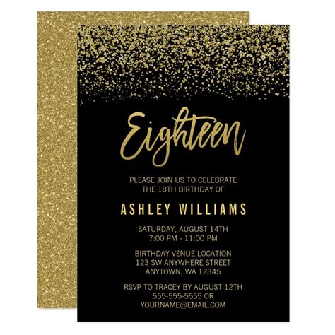 Modern Black Gold Faux Glitter 18th Birthday Invitation | Zazzle | 18th ...