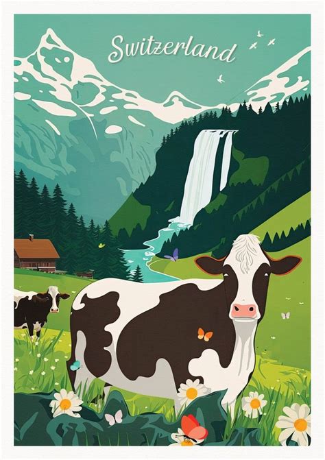 Switzerland Print Swiss Cow Alps Butterflies Swiss - Etsy UK | Travel ...