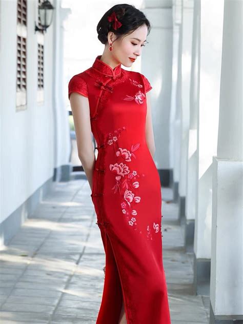 Chinese Dress Red Embroidered Floral Cheongsam Evening - Etsy