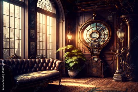 steampunk interior design, fantasy retro hall, in a victorian house ...