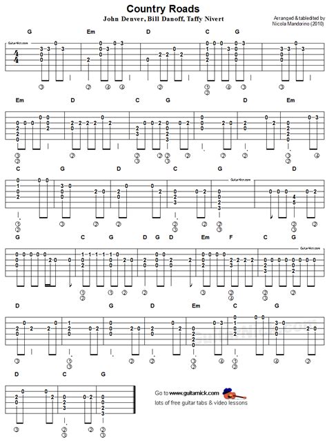 Country Roads: guitar tab with melody and chords - GuitarNick.com ...