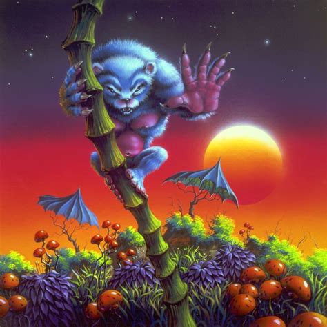 a painting of a cat on a tree with bats and pumpkins in the background