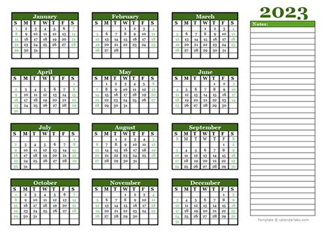 2023 Yearly Calendar With Blank Notes - Free Printable Templates