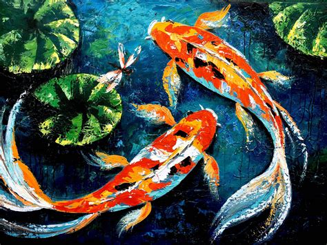 koi fish pond Painting on Canvas Original painting for Home Decor ...