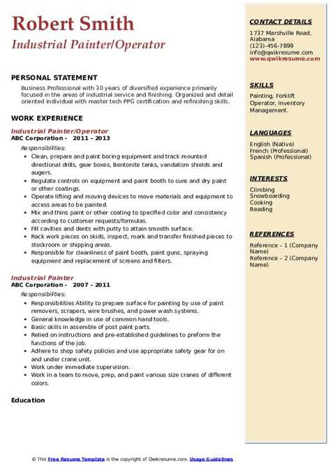 Industrial Painter Resume Samples | QwikResume