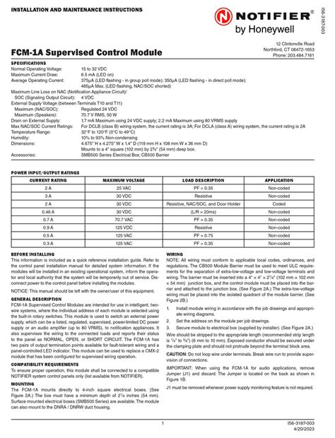 HONEYWELL NOTIFIER FCM-1A INSTALLATION AND MAINTENANCE INSTRUCTIONS Pdf ...