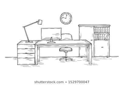 Hand drawn office. Sketch desk with chair computer and lamp. Home ...