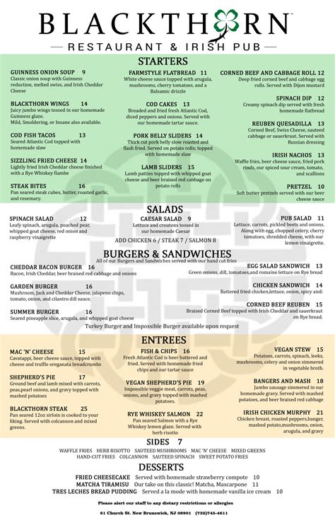 MENUS - Blackthorn Restaurant & Irish Pub