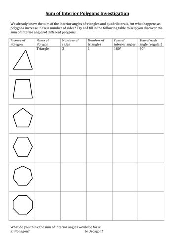 Sum and Interior Angles Worksheet by amylob - Teaching Resources - Tes