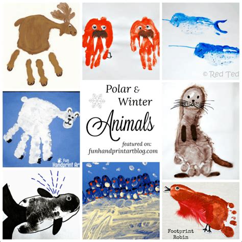 Polar and Winter Animal Crafts made with handprint & footprints