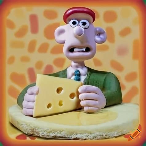 Wallace (wallace and gromit) with a cheese, in a lot of cheese background