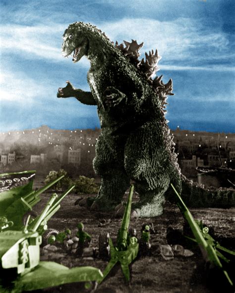 Colourised this black and white image of Godzilla 1954. What do you ...