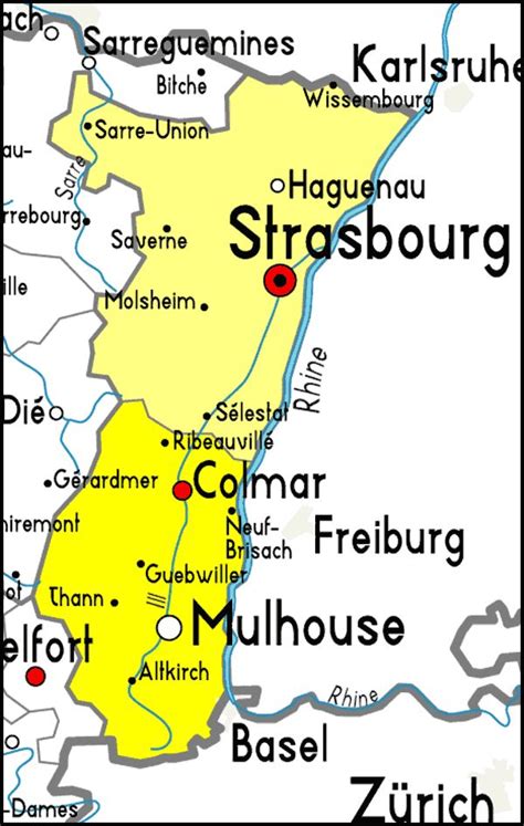 Alsace Region in yellow... including. Colmar, Strasbourg and various ...