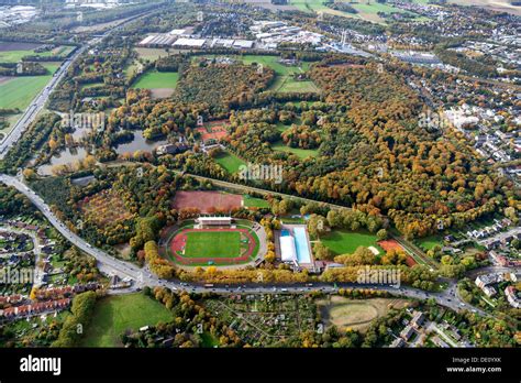 Aerial view, urban forest and Schloss Wittringen Castle gardens ...