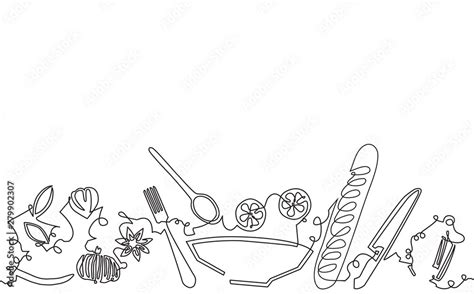 Cooking. Continuous line Drawing Pattern. Background with Utensils and ...