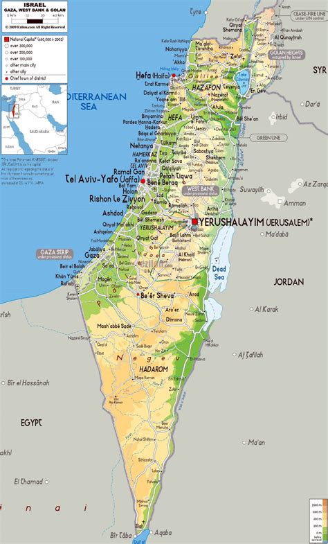 Large physical map of Israel with roads, cities and airports | Israel ...