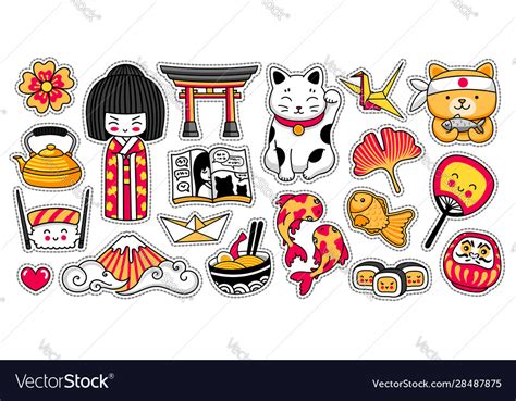 Set kawaii japanese cartoon stickers kokeshi Vector Image