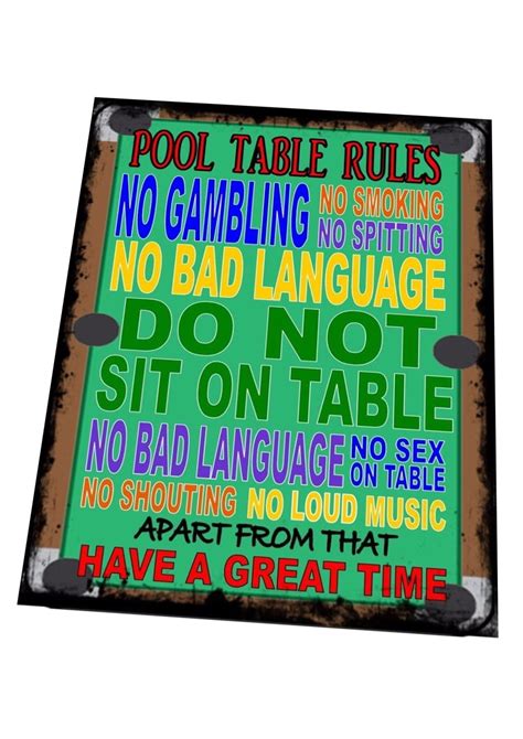 Pool Table Rules Sign Retro Pool Sign Novelty Pool Rules Sign Pub Sign ...